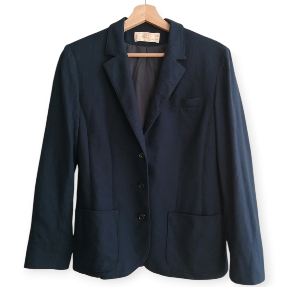 Pendleton Virgin Wool Blazer Patch Pockets Single Breasted 3 Buttons Navy Medium